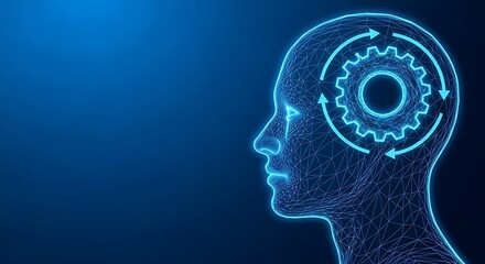 Fototapeta premium A wireframe head profile with a gear and arrows illustrating the mind's processes on a blue backdrop