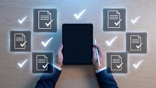 Hands holding a tablet surrounded by digital documents with checkmarks indicating completion.