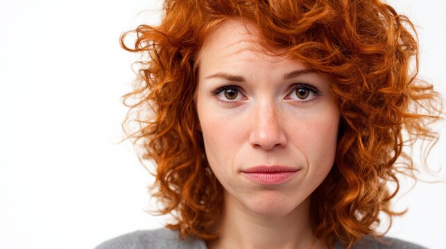 Caucasian young adult female with curly red hair and neutral expression