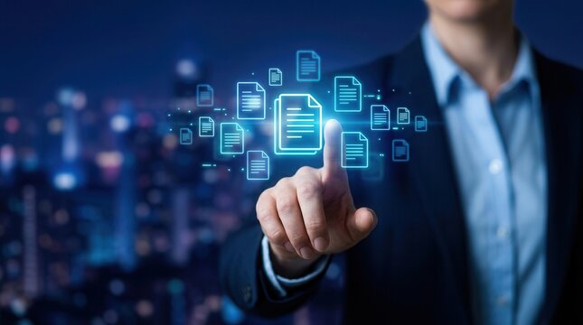 Visualizing ECM: A hand engaging with an array of floating digital file icons, highlighting data governance over a city backdrop.