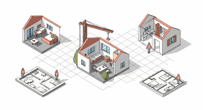 Architectural Design Process Showing House Construction Stages.