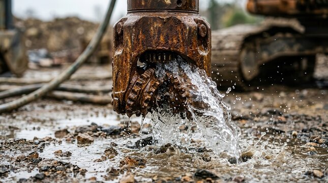 Clear artesian water, discharged by a metal drill bit and pump head during well pump installation, forms water spray, sediment, and wets the rock surface.