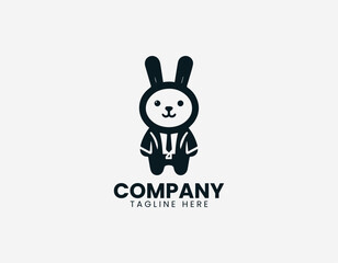 Fototapeta premium Cute rabbit mascot wearing hat in clean minimal black vector logo illustration style on a white background