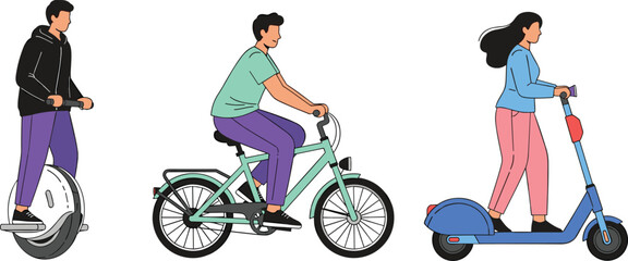 Urban Mobility Vector Set with People Riding Electric Scooter, Bicycle and Self Balancing Unicycle for City Transport, Eco Travel and Modern Lifestyle Illustration © EdGe Creative