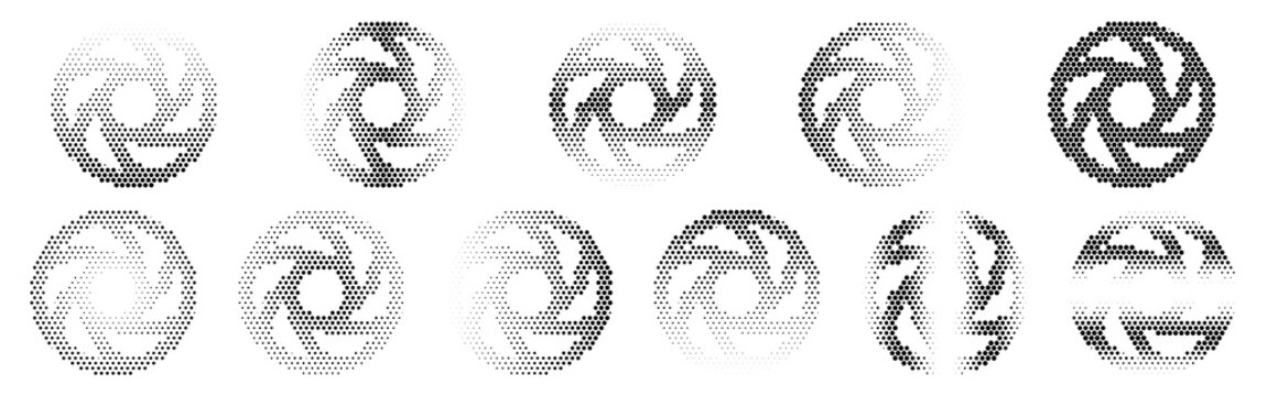 Camera Lens Halftone Icon Collection &ndash; Camera Lens Dotted Circles Halftones Geometric Dots Gradient &ndash; Dot Spray Gradient Vector Set &ndash; Camera Lens Illustration Halftone Gradient