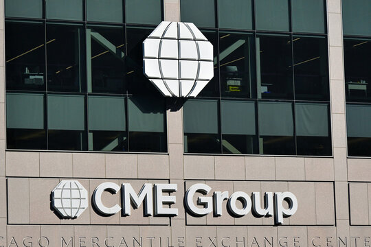 A CME Group sign on the exterior of the Chicago Mercantile Exchange Center building in downtown Chicago. CME Group Inc. is a financial services company that operates financial derivatives exchanges.