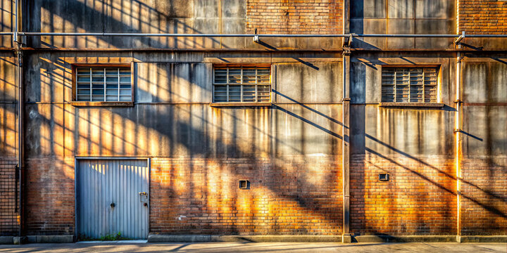 A brick wall with several windows and a door stands against the sun in the late afternoon. Shadows stretch across the surface creating interesting patterns. The warm tones reflect the sunlight