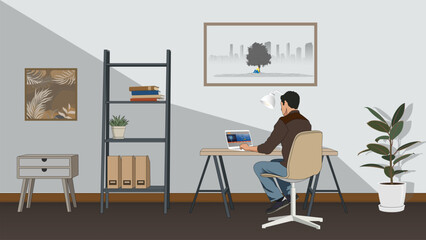 Fototapeta premium Vector illustration of a man sitting at a desk and working on a laptop in a modern home office setting.