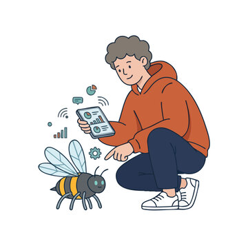 Young man interacting with a robotic bee using a smartphone.