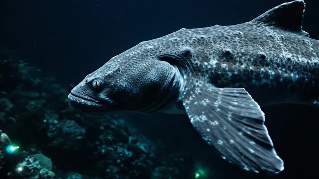 A Giant Grouper Swimming in Deep Ocean Water