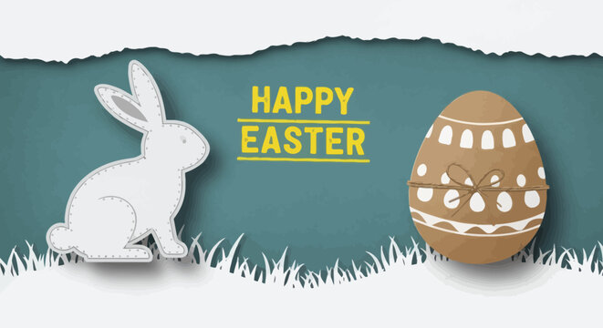 Happy Easter greeting card with a cute bunny and decorated egg on a textured background with grass