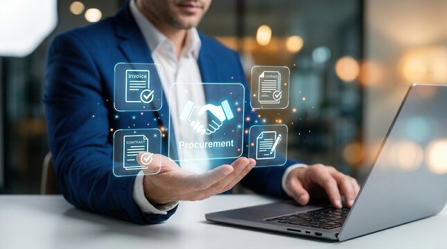 A businessman demonstrates the digital procurement process with holographic contract, invoice, and approval documents, enhancing B2B sourcing.
