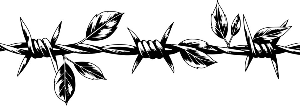 Black barbed wire with leaves white background, isolated fence sharp metal