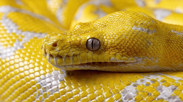 Close-up of a yellow reticulated python with detailed scales and patterns