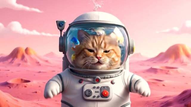 Adorable Cat Astronaut Explores a Vibrant Pink Alien Planet with Unique Landscapes.
