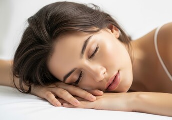 Fototapeta premium Young woman sleeping peacefully on a white bed
