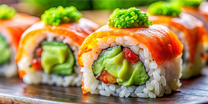 Fresh sushi rolls are lined up on a wooden plate. Each roll has layers of salmon and is filled with avocado and other ingredients. A green garnish is placed on top of each roll, enhancing their look