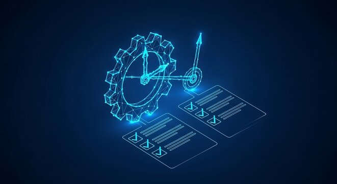 Abstract graphic depicts time management with gears, clock hands, and documents in blue