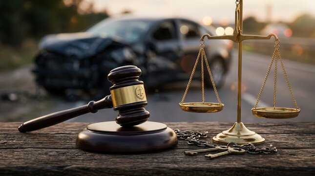 The essential elements of a wrongful death legal claim &ndash; a gavel, scale of justice, and a car wreck &ndash; emphasize civil justice.