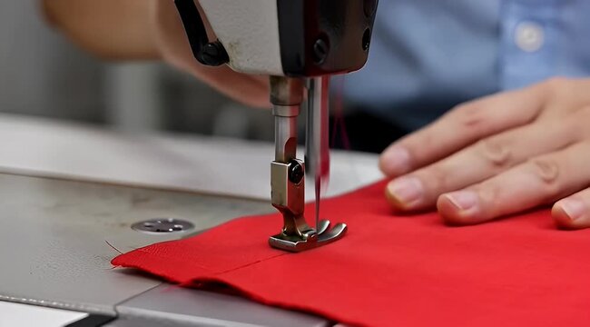Closeup of sewing machine stitching red fabric with hands guiding the material