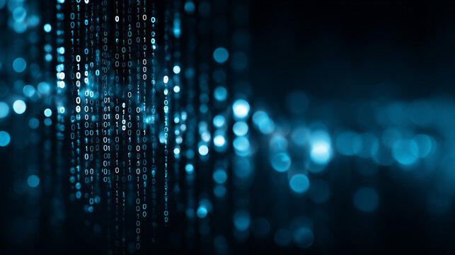 Binary Code Data Streams in Dark Blue Matrix Background Banner