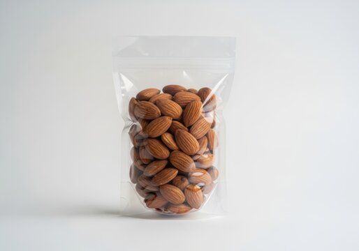 Almonds in a clear plastic pouch isolated on white background