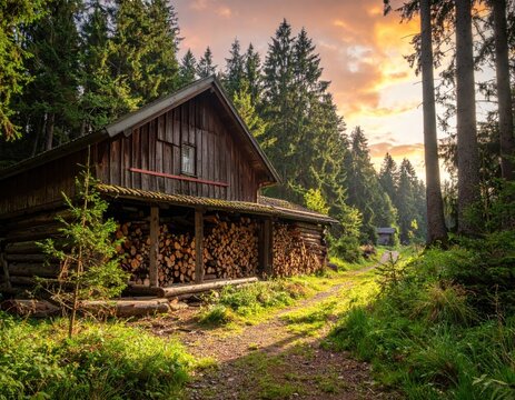 A rustic old wooden cabin sits nestled in a lush green mountain landscape surrounded by a summer forest and rural farm trees under a clear blue sky