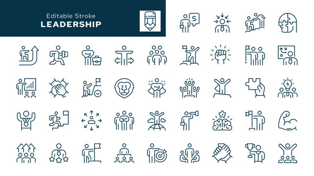 Leadership. Set of outline icons. Leader, responsibility, delegation, lead, influence, authority, influential person, team leader and more. Line icon in linear style. Vector collection	