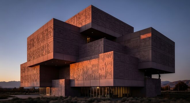 Modern Brutalist Architecture with Textured Concrete Facade Bathed in Golden Hour Light