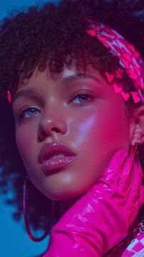 Close up de mujer morena seductora con guantes fucsia, tiene el pelo afro decorado con corazones. Esta tocandose la cara en sus manos. Iluminicion surrealista 