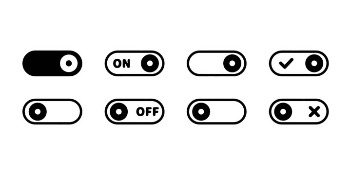 Toggle switch vector icon set. Buttons, switches, sliders, turn, turn off and on the device. On off slider toggle collection for app, web, and network design. Vector illustration.