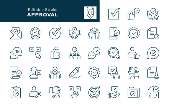 Approval. Set of outline icons. Approved, check mark, ok, acceptance, okay, agreement, certified, license, handshake, stamp and more. Line icon in linear style. Vector collection	