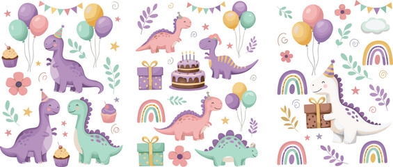 Cute dinosaur birthday party collection with balloons cake gifts and rainbow cartoon vector illustration set for kids celebration design © Yevhenii creative