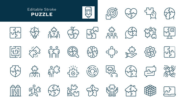 Puzzle. Set of outline icons. Logic, team, teamwork, intellectual game, communication, problem solving, brainstorm, solution, labyrinth and more. Line icon in linear style. Vector collection	