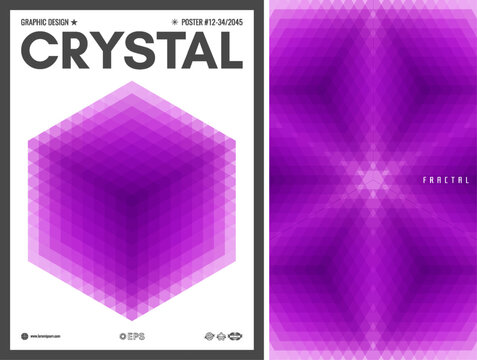 The magazine cover features a translucent purple cube on a white background. The background is symmetrical and mosaic style. Abstract geometric design. Vector for placard, brochure, diary, notebook.
