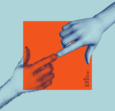 The index fingers of both hands reach toward each other. The concept of relationships, unity, partnership, or contact. Cascading digital code matrix. Artificial intelligence and cognition. Contact.