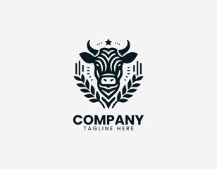 Obraz premium Cow head combined with wheat plant is presented in clean minimalist line style illustration logo design