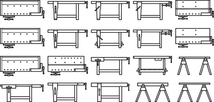 A comprehensive collection of various workbench designs, offering detailed blueprints for woodworking enthusiasts and professionals alike.