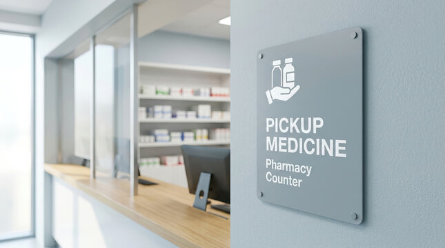 Pickup medicine sign on wall in pharmacy counter area with blurred shelves and computer in background, clean modern healthcare environment