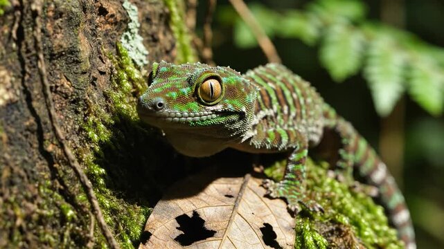 Vibrant Leaf-Tailed Gecko Clinging to Mossy Tree Bark