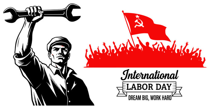 International labor day illustration worker with wrench and red flag