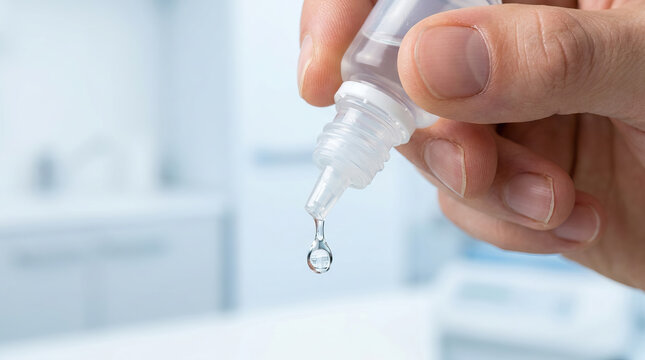 Eye drop bottle Hand holding Liquid drop Medical treatment Healthcare Clear drop Close up Medicine Eye care Hygiene Plastic bottle Transparent liquid Dropper tip Human fingers Personal care Health