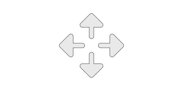 Arrows out cardinal icon animation for four direction expand projects; north south east west spread motion graphic; white and green screen overlay; cross fullscreen animated element; compass design