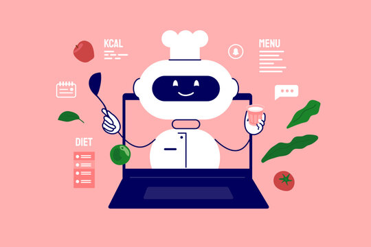 Artificial intelligence app helping take care of health and monitor diet. Ai robot for create healthy menu, recipes, select food ingredients, calculate calories. Cooking technology vector illustration