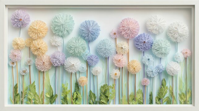 Colorful, layered paper flower arrangement with greenery in a white framed shadowbox
