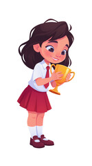 Little Girl Holding Gold Trophy Cup.