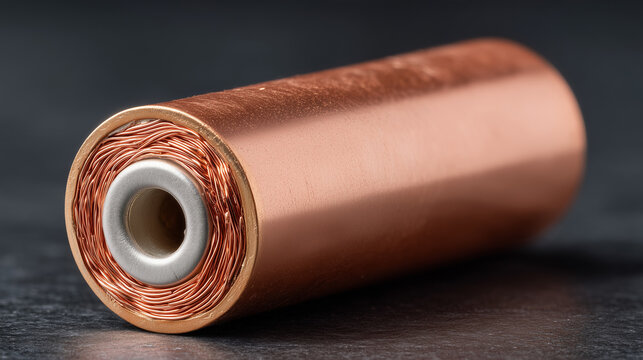 Close-up still life of a sliced-open cylindrical battery cell revealing layered cathode and anode materials in vivid copper and black tones on a white surface, perfect for battery technology, materi