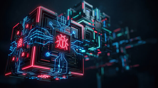 Cybersecurity concept with glowing neon bug icons on futuristic digital cubes representing computer virus and malware protection