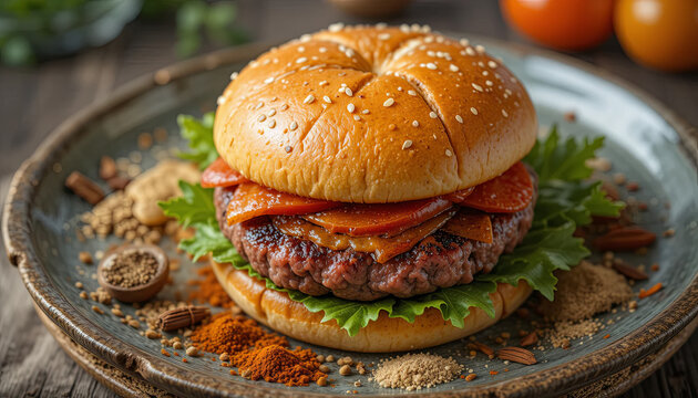 A burger sits on a plate with pepperoni and lettuce. Spices are arranged around the plate. Fresh vegetables are also present. It is a bright kitchen environment