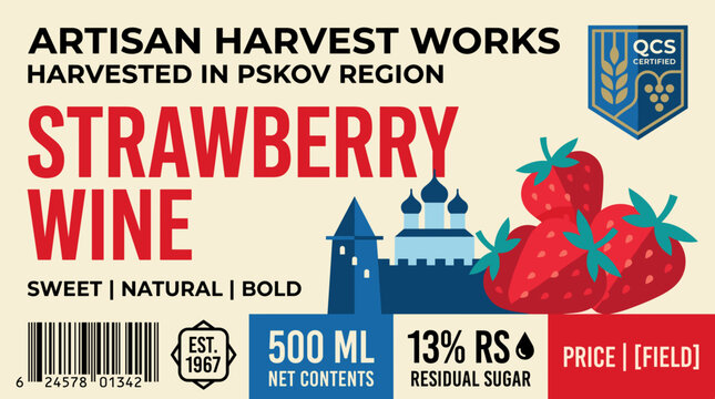 Label design for strawberry wine packaged from Pskov region showcasing artisan harvest works with certification details listed clearly
